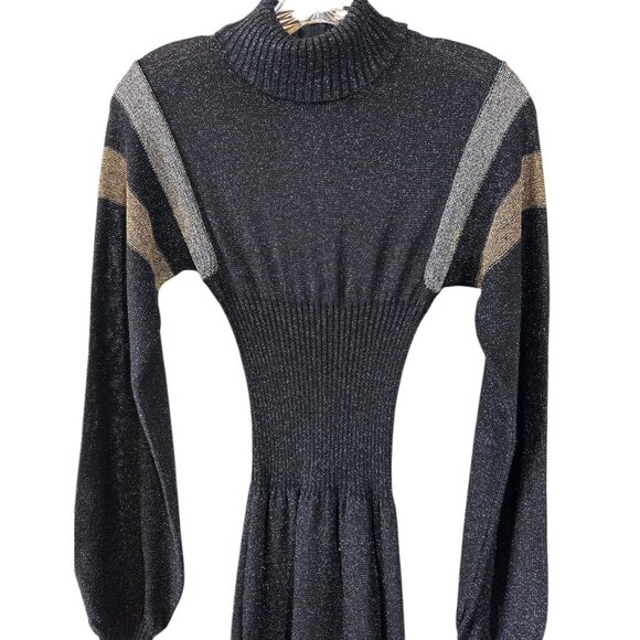 Vintage 70's Wenjilli Black Metallic Knit Maxi Sweater Dress Size 5/6 - Picture 4 of 10
